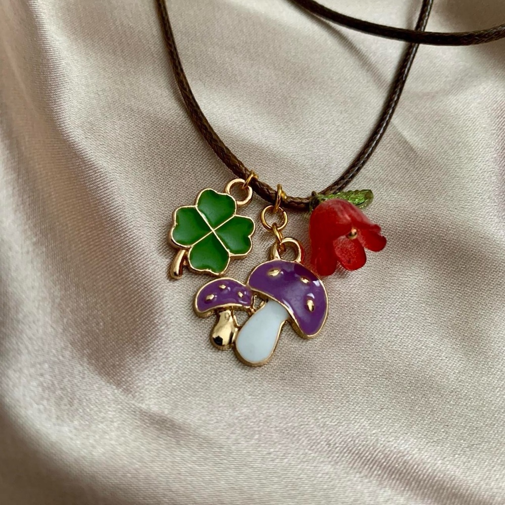 Colorful Charm Necklace with Mushroom and Clover